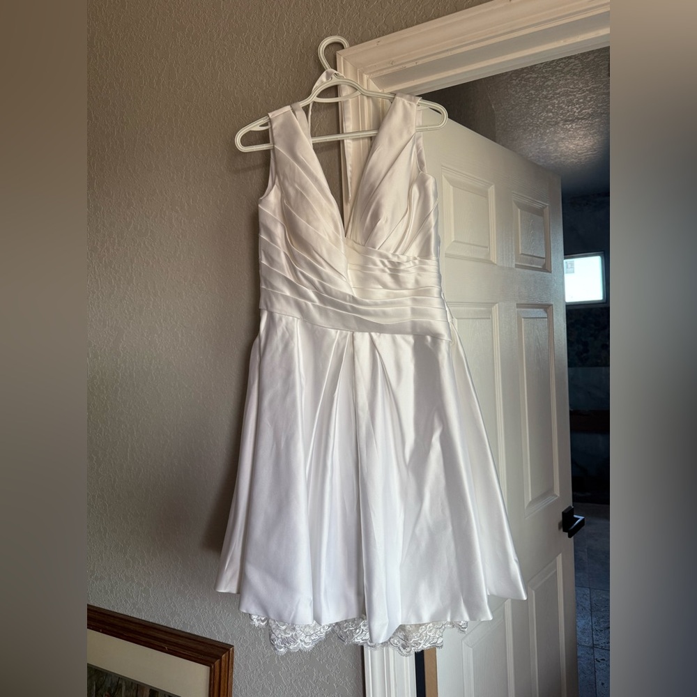 Milano Ivory V-Neck Corset Backless Pleated Front Wrap Satin Short Wedding Dress
